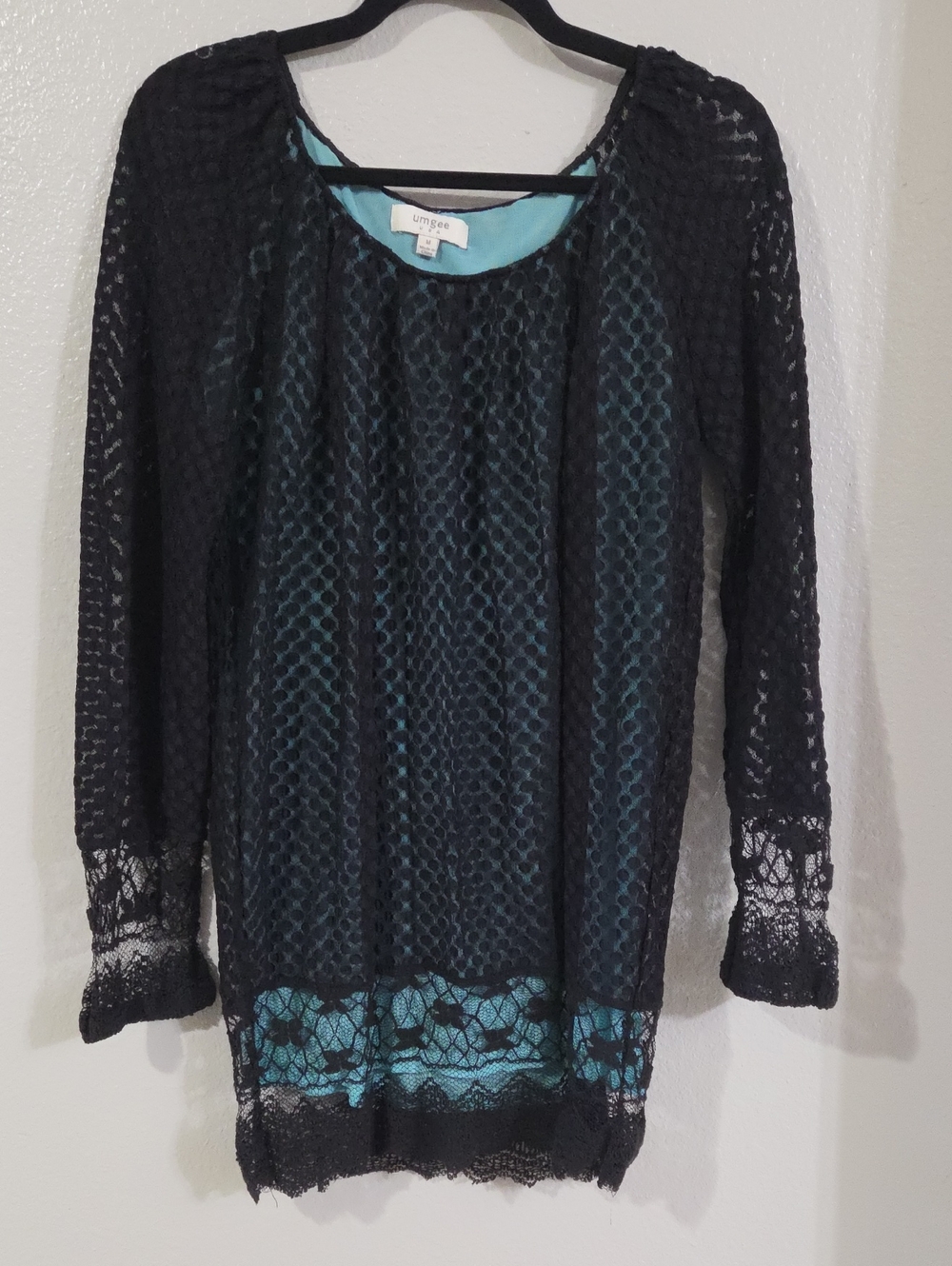 Black Lace Overlay Tunic Top with Teal Lining
